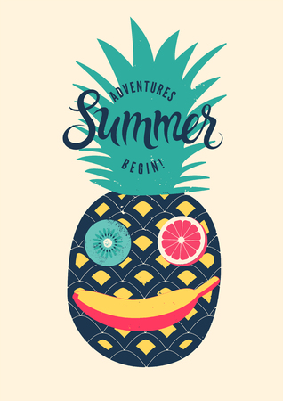 Summer calligraphic retro poster design. Funny character made of fruits. Vector illustration.のイラスト素材
