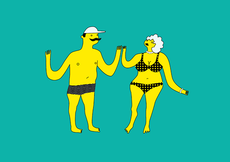 Funny stylized man and woman in swimsuit. Summer retro poster with cartoon couple. Vector illustration.のイラスト素材