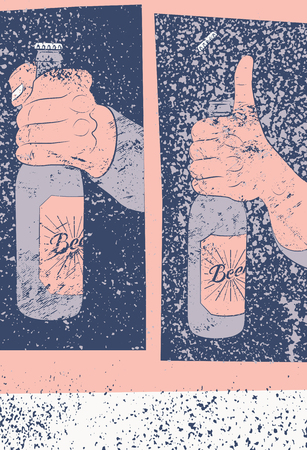 Beer typography vintage grunge poster. Hand hold a bottle of beer. Retro vector illustration.のイラスト素材
