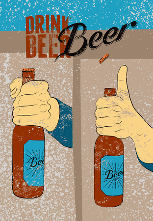 Beer typography vintage grunge poster. Hand hold a bottle of beer. Retro vector illustration.のイラスト素材
