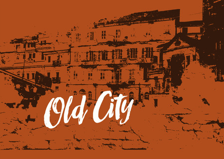 Old City typographic vintage poster design. Old house grunge scratched texture background. Retro vector illustration.のイラスト素材