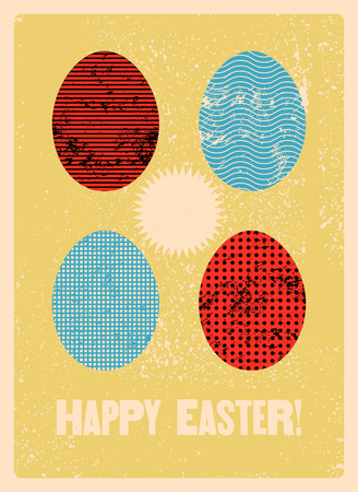 Happy Easter! Typographical grunge Easter greeting card with stylized ornamental eggs. Retro vector illustration.のイラスト素材