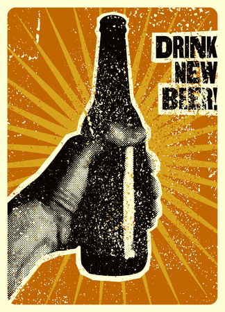 Drink New Beer! Typographic vintage grunge style beer poster. The hand holds a bottle of beer. Retro vector illustration.のイラスト素材