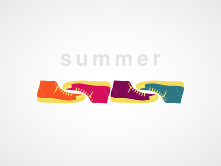 Summer typographic vintage poster with colorful gumshoes. Vector illustration.のイラスト素材