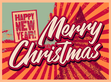Merry Christmas and Happy New Year. Typographic grunge vintage style Christmas card or poster design. Retro vector illustration.のイラスト素材