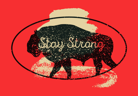 Bison silhouette phrase typographical vintage grunge style poster, icon, logo, label, sign, badge. Retro vector illustration.のイラスト素材