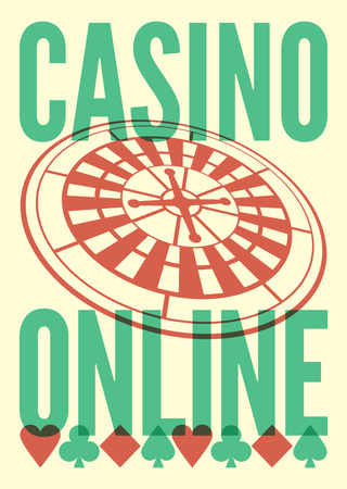 Casino Online typographical vintage style poster with roulette wheel. Retro vector illustration.のイラスト素材