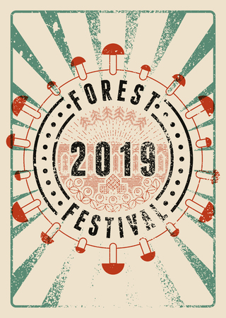 Forest Festival 2019 linear geometric pattern typographical vintage grunge style poster. Retro vector illustration.のイラスト素材