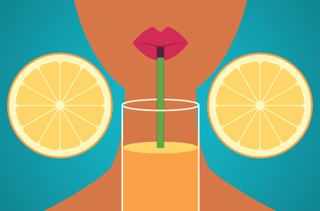 Cartoon flat style dark skinned girl drinking orange juice through a straw. Vector Illustration.のイラスト素材
