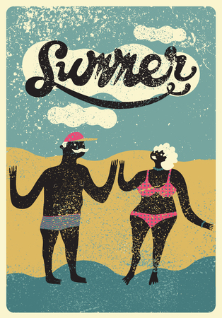 Summer typographic grunge vintage poster design with cartoon couple. Funny stylized man in swimsuit. Retro vector illustration.のイラスト素材