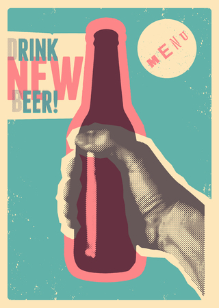 Drink New Beer! Typographic vintage grunge style beer poster. The hand holds a bottle of beer. Retro vector illustration.のイラスト素材