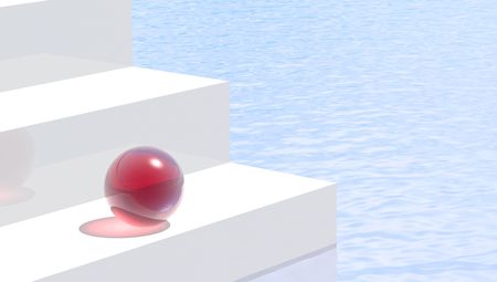 3D image of red sphere on staircase reflected into the water の写真素材