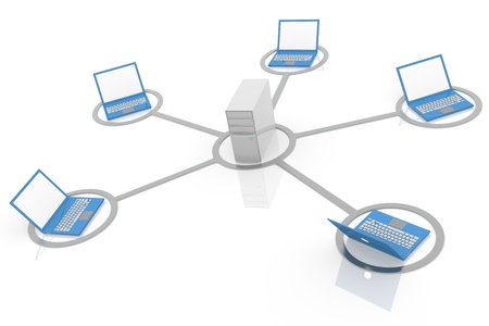 3D image of laptop network connected to serverの写真素材