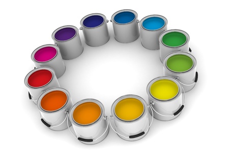 A Group of Colorful Paint Cans on White Backgroundの写真素材