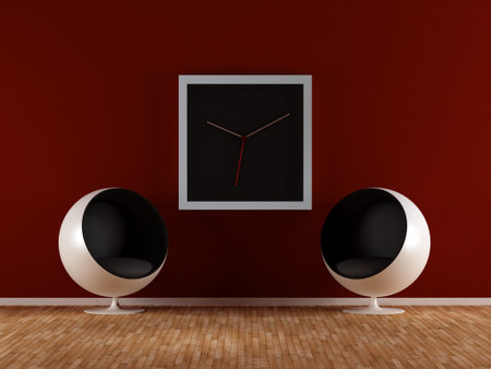 Minimal Style Modern Interior - Armchairs with wall clockの写真素材