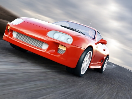 A Red Sports Car Speeding on Blurry Asphalt Road. 3D Renderのeditorial素材
