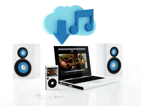 Group of electronics devices connected to music cloud server - 3D renderの写真素材