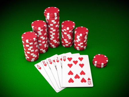 Gambling chips and poker cards on green carpet - 3D render