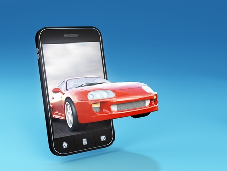Red sports car comes out from smartphone - 3D renderの写真素材
