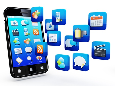 Smartphone with cloud of application icons 
Note: All Devices design and all screen interface graphics in this series are designed by the contributor him self.の写真素材