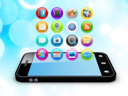 Smartphone with cloud of application icons Note  All Devices design and all screen interface graphics in this series are designed by the contributor him self の写真素材