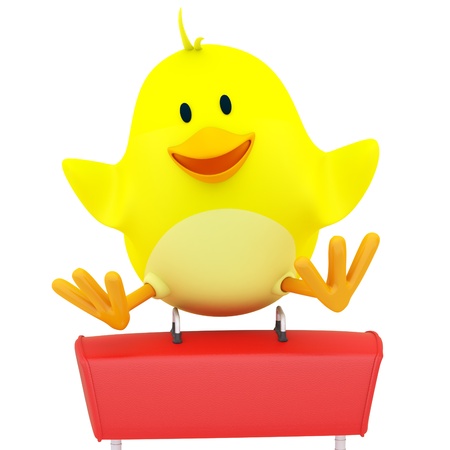 Little chick gymnast performing on pommel horse - 3D renderの写真素材
