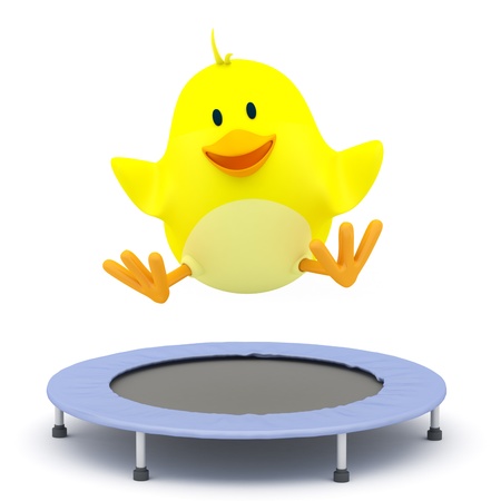 Little chick  jumping on Trampoline - 3D renderの写真素材