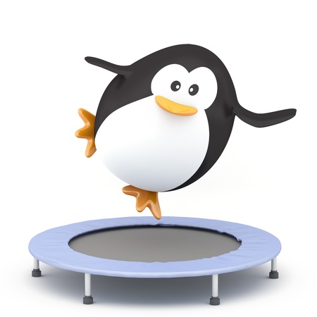 Fat penguin jumping on Trampoline - 3D renderの写真素材