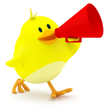 Little chick with a red megaphone - 3d renderの写真素材