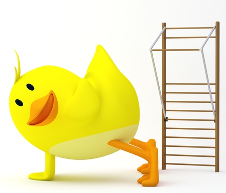 Little chick exercising by doing push-ups - 3D renderの写真素材