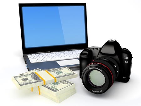 Selling Photo Concept - Laptop, Digital camera and banknotes on white background - 3D renderの写真素材
