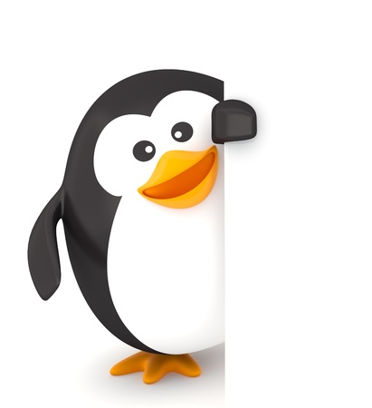 Fat penguin with empty board on white background - 3D renderの写真素材