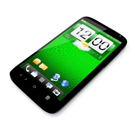 Touchscreen smartphone on white background - 3D renderの写真素材
