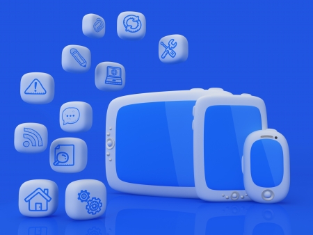 Tablet, mini tablet and touchscreen smartphone with cloud of application icons 
Note: All Devices design and all screen interface graphics in this series are designed by the contributor him self.の写真素材