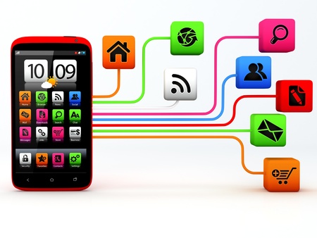 Touchscreen smartphone with cloud of application icons 
Note: All Devices design and all screen interface graphics in this series are designed by the contributor him self.の写真素材