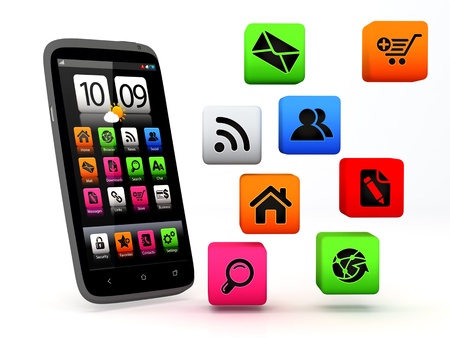 Touchscreen smartphone with cloud of application icons 
Note: All Devices design and all screen interface graphics in this series are designed by the contributor him self.の写真素材