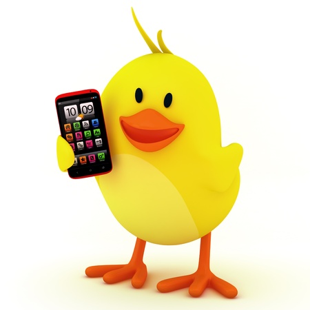 Little chick with smartphone on white - 3D renderの写真素材