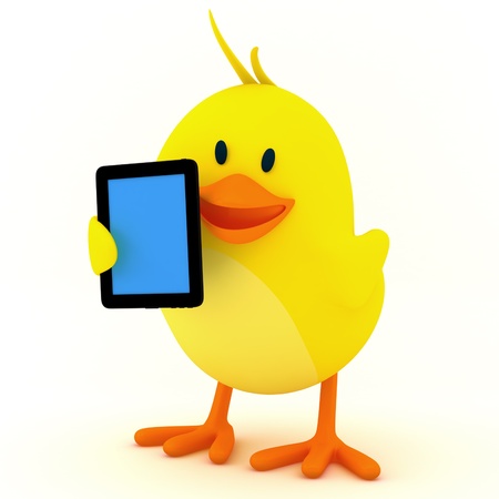 little chick with tablet - 3D renderの写真素材