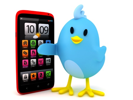 Little bird with smartphone on white - 3D renderの写真素材