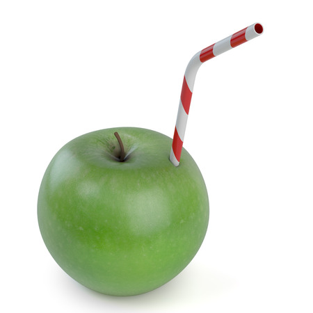 Green apple with straw on white background - 3D Renderの写真素材