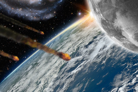 Illustration of asteroids flying over planet earth and its moon - 3D Render -