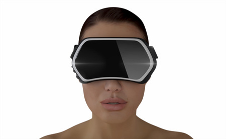 3D Illustration of a Woman wearing a Virtual reality head-mounted display (HMD) isolated on white background.の写真素材