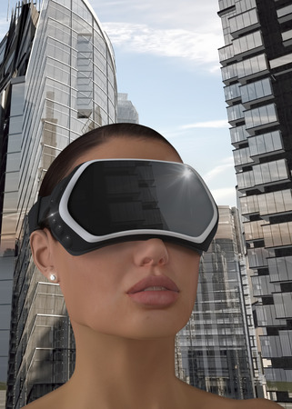 3D Illustration of a Woman wearing a Virtual reality head-mounted display (HMD).の写真素材