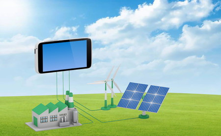 Ecofriendly concept. 
Green factory, wind turbine and solar panel connected to smartphone.の写真素材