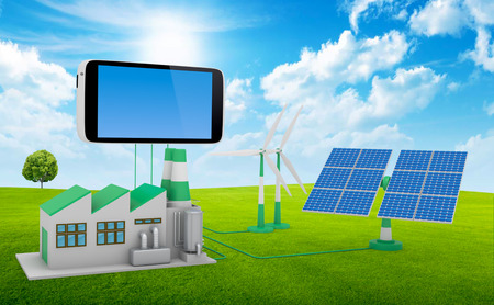 Ecofriendly concept. 
Green factory, wind turbine and solar panel connected to smartphone isolated on white background.の写真素材