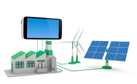 Ecofriendly concept. 
Green factory, wind turbine and solar panel connected to smartphone isolated on white background.の写真素材