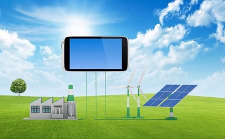 Ecofriendly concept. 
Green factory, wind turbine and solar panel connected to smartphone isolated on white background.の写真素材