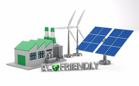 Ecofriendly concept. 
Green factory, wind turbine and solar panel isolated on white background.の写真素材