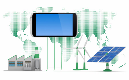 Ecofriendly concept. 
Green factory, wind turbine and solar panel connected to smartphone in front of world map background.の写真素材