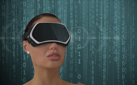 3D Illustration of a Woman wearing a Virtual reality head-mounted display (HMD).の写真素材